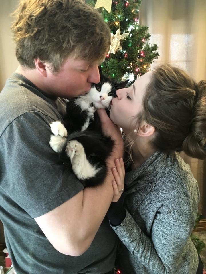 Luke and Sam kissing Moby the cat in front of the Christmas tree